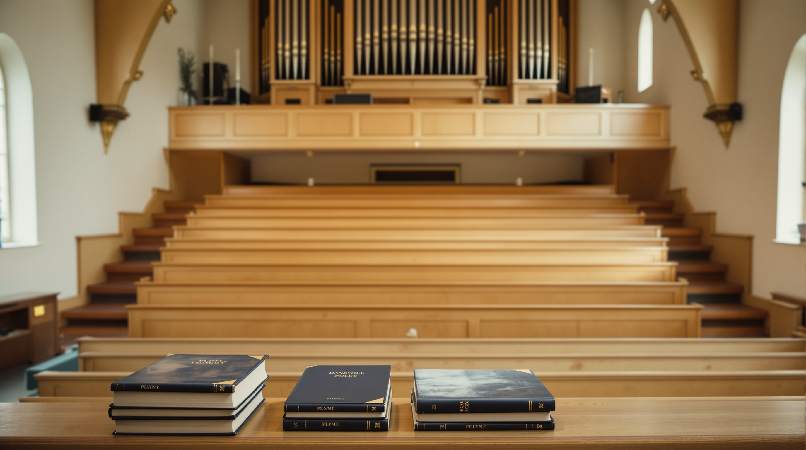 An empty church choir loft with tiered oak seating, hymnals and organ pipes behind