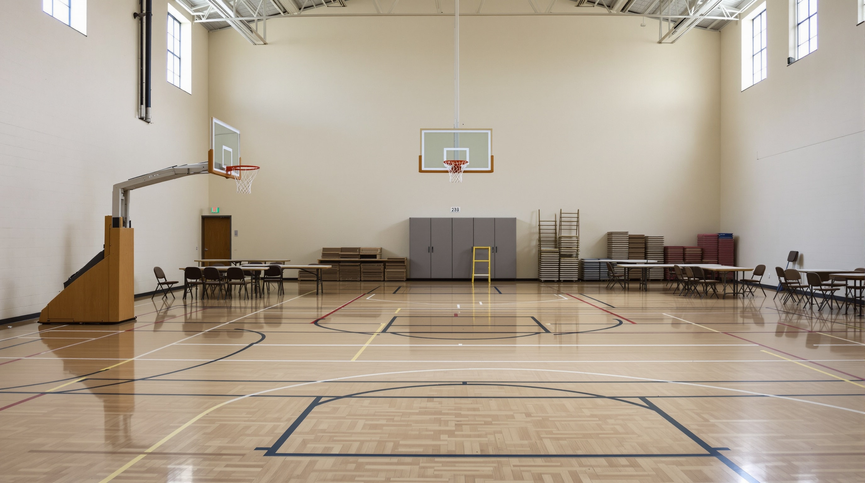 Empty church fellowship hall and gymnasium with a hardwood court and stacked folding chairs