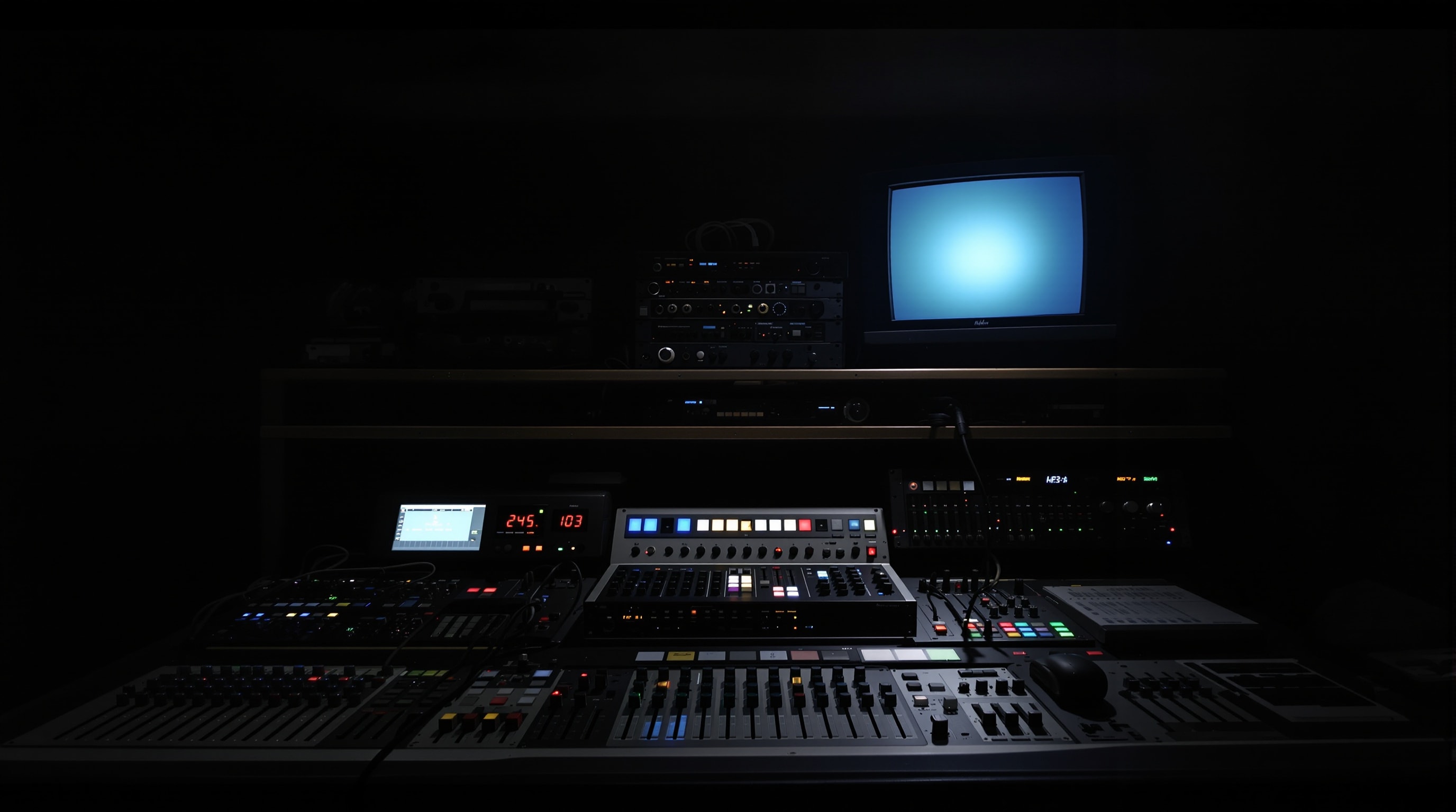A small church audio and video control booth with a mixing desk and preview monitor