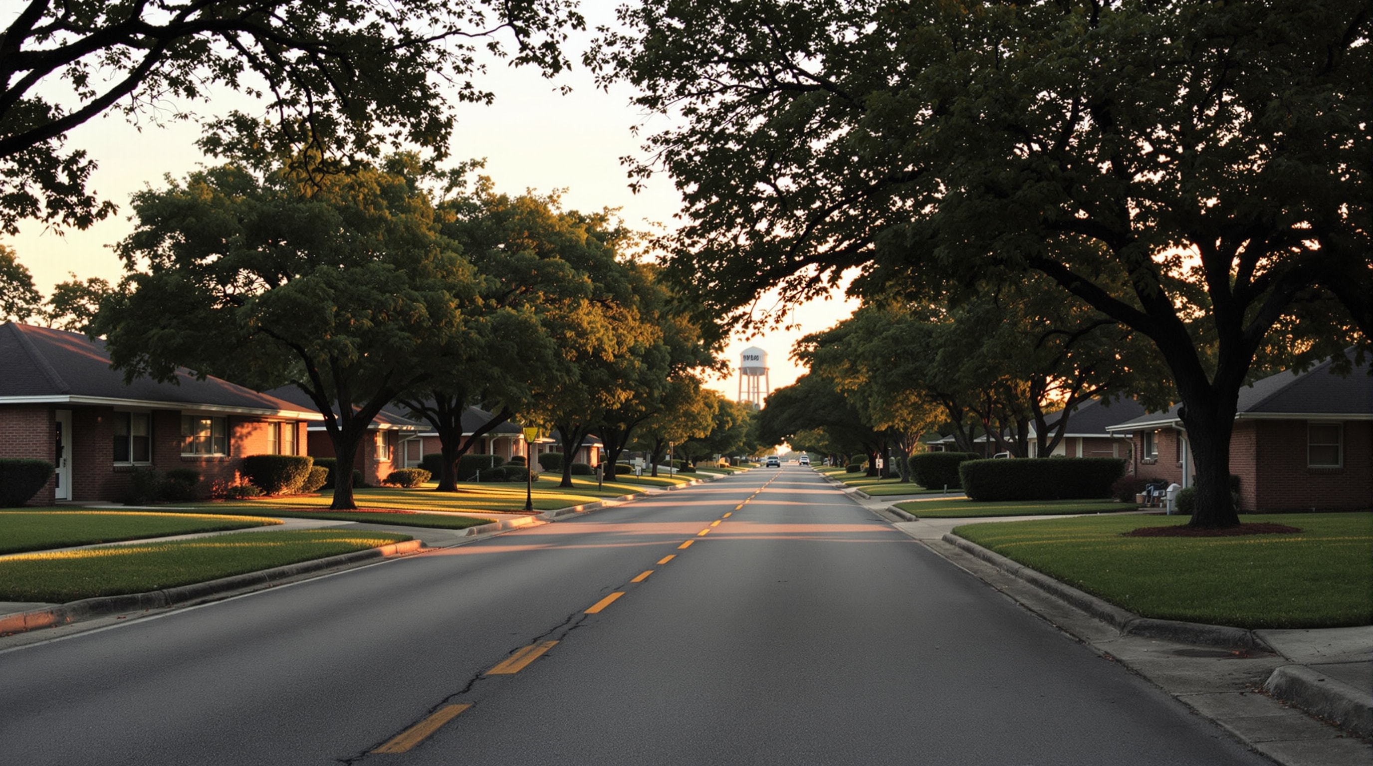 A quiet southwest Fort Worth residential street of brick ranch houses under live oaks at dusk