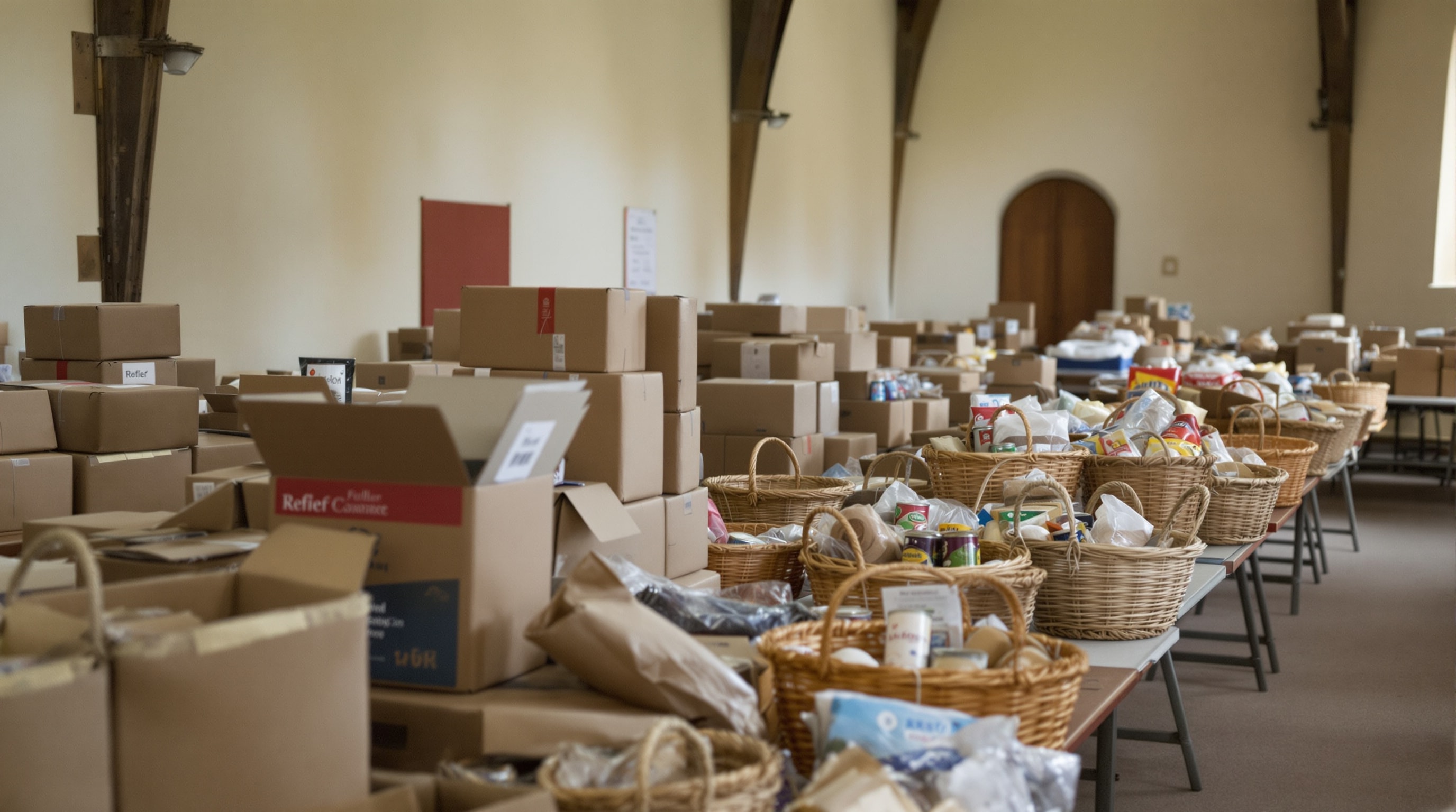 Packed relief boxes and baskets of tinned food lined up on trestle tables in a church hall