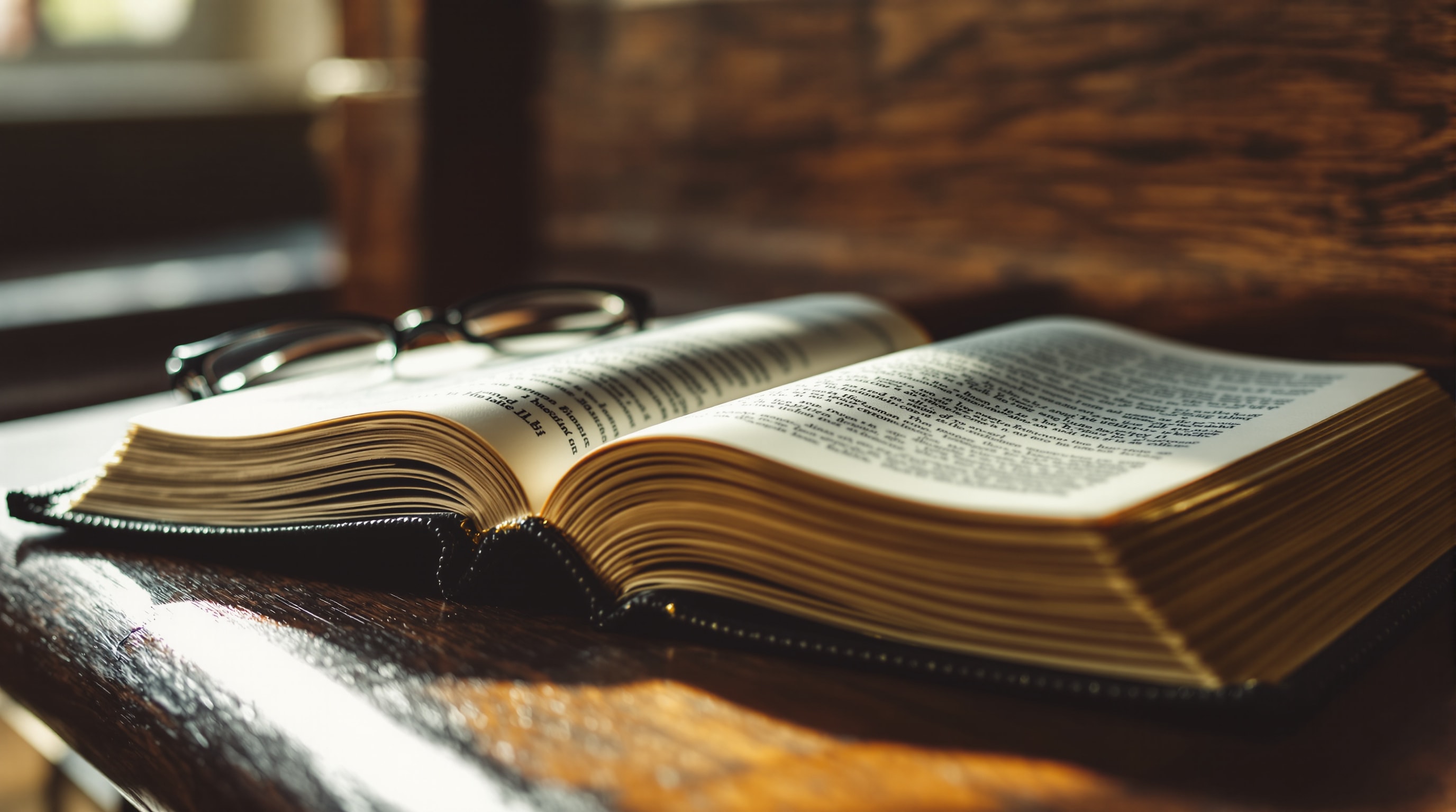 A worn leather-bound Bible lying open on an oak pulpit in warm window light