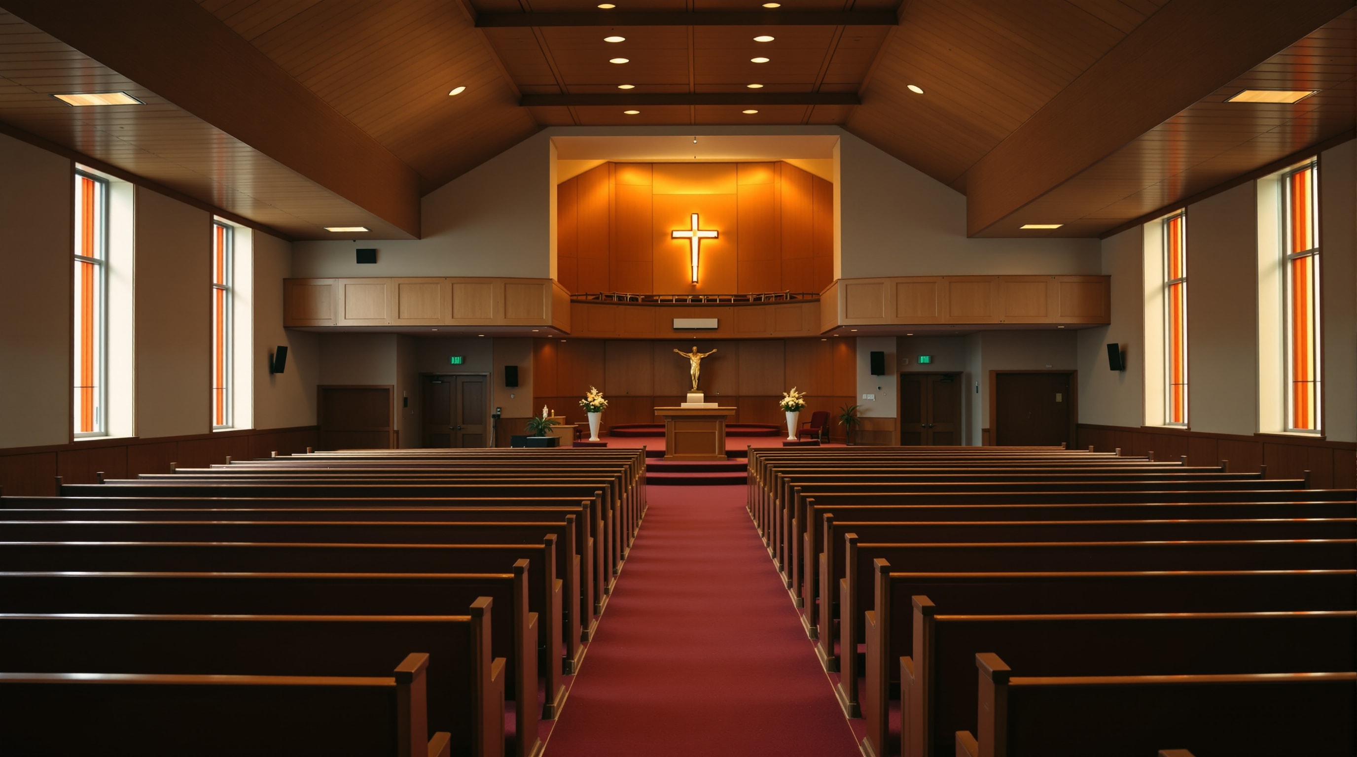 Empty church auditorium with oak pews, a raised platform and a choir loft behind the pulpit