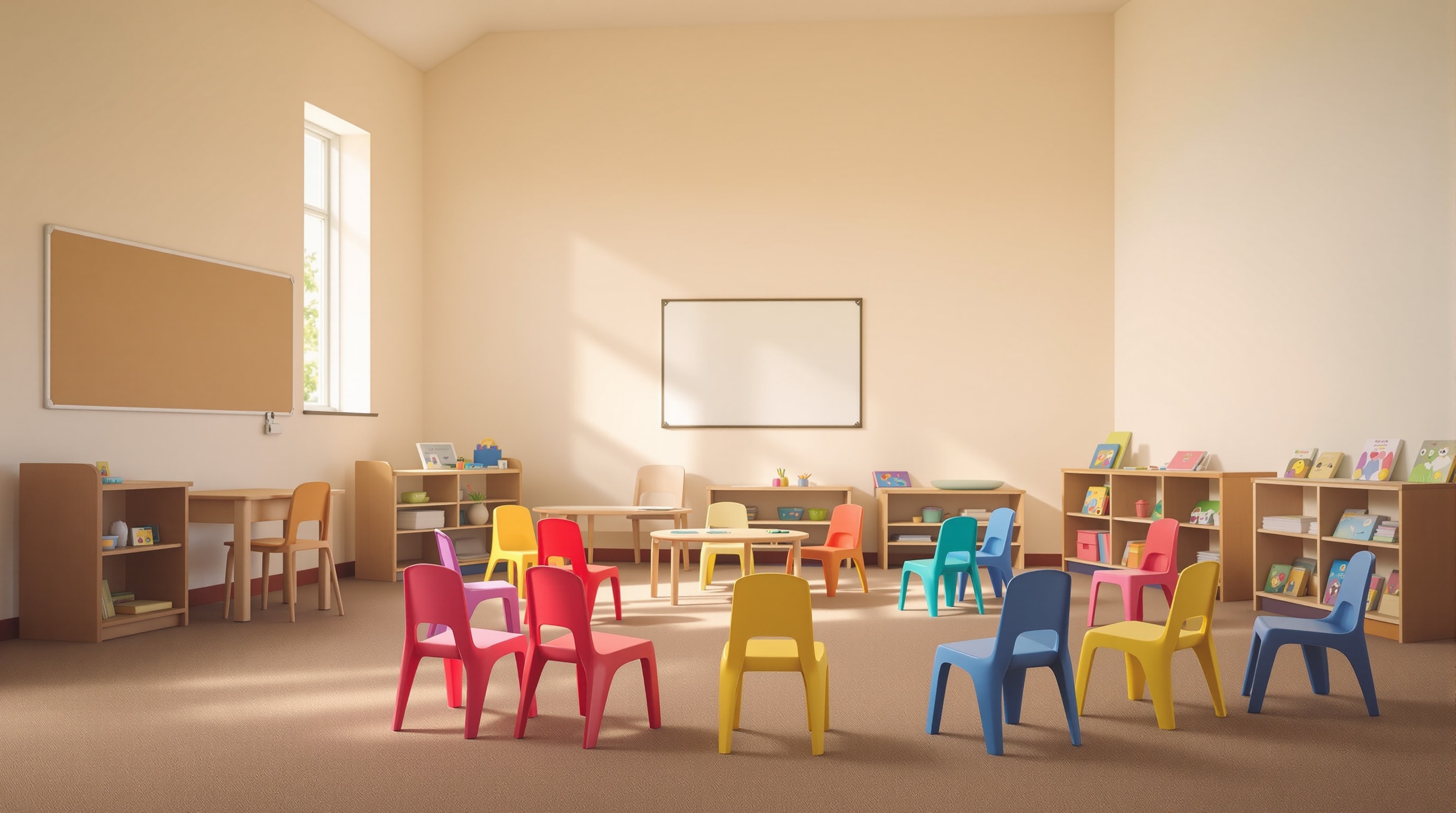 An empty church Sunday school classroom with small chairs circled on a carpet